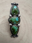Kathleen Livingston Navajo Sterling Silver Ring with Sonoran Mountain Turquoise — Size 9, 2 3/8" × 7/8" (Hallmarked, Heirloom) - Cowhide and Conchos