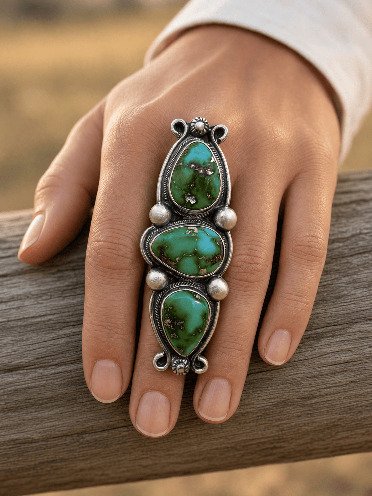 Kathleen Livingston Navajo Sterling Silver Ring with Sonoran Mountain Turquoise — Size 9, 2 3/8" × 7/8" (Hallmarked, Heirloom) - Cowhide and Conchos