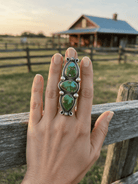 Kathleen Livingston Navajo Sterling Silver Ring with Sonoran Mountain Turquoise — Size 9, 2 3/8" × 7/8" (Hallmarked, Heirloom) - Cowhide and Conchos