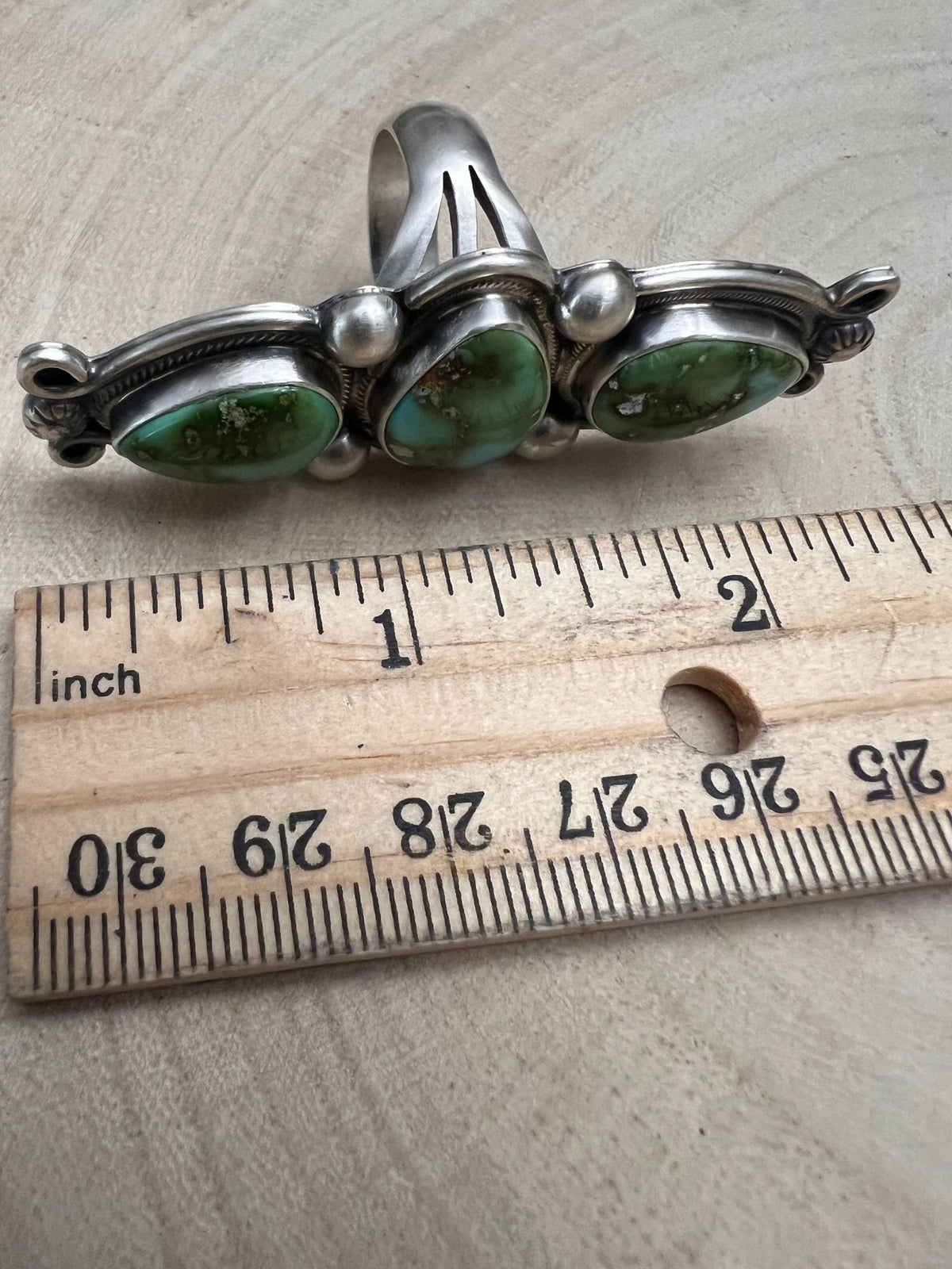 Kathleen Livingston Navajo Sterling Silver Ring with Sonoran Mountain Turquoise — Size 9, 2 3/8" × 7/8" (Hallmarked, Heirloom) - Cowhide and Conchos