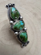 Kathleen Livingston Navajo Sterling Silver Ring with Sonoran Mountain Turquoise — Size 9, 2 3/8" × 7/8" (Hallmarked, Heirloom) - Cowhide and Conchos