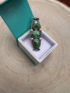 Kathleen Livingston Navajo Sterling Silver Ring with Sonoran Mountain Turquoise — Size 9, 2 3/8" × 7/8" (Hallmarked, Heirloom) - Cowhide and Conchos