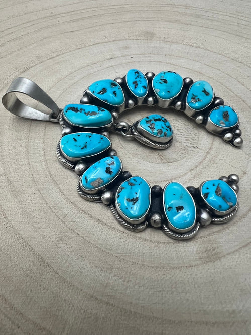 Kathleen Livingston Turquoise & Sterling Silver Naja Pendant - Cowhide and Conchos