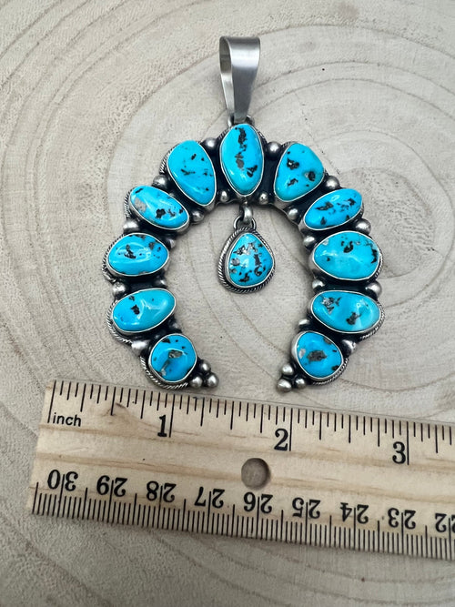 Kathleen Livingston Turquoise & Sterling Silver Naja Pendant - Cowhide and Conchos