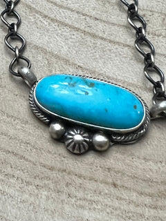 Kathleen Livingston Turquoise & Sterling Silver Necklace - Cowhide and Conchos