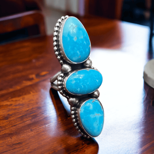Kathleen Livingston Turquoise & Sterling Silver Ring - Size 7 adjustable to 8+ - Cowhide and Conchos