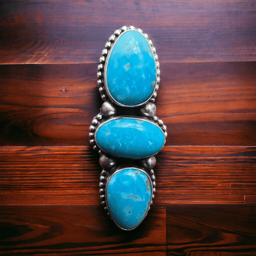 Kathleen Livingston Turquoise & Sterling Silver Ring - Size 7 adjustable to 8+ - Cowhide and Conchos