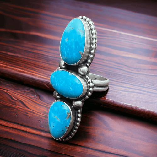 Kathleen Livingston Turquoise & Sterling Silver Ring - Size 7 adjustable to 8+ - Cowhide and Conchos