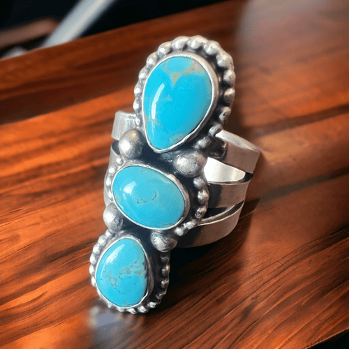 Kathleen Livingston Turquoise & Sterling Silver Ring - Size 7.5 - Cowhide and Conchos