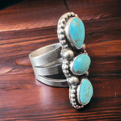 Kathleen Livingston Turquoise & Sterling Silver Ring - Size 7.5 - Cowhide and Conchos