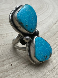 Kathleen Livingston Turquoise & Sterling Silver Ring - Size Adjustable Band - Cowhide and Conchos