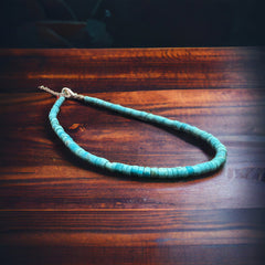 Kingman 4 mm blue Heishi Necklace - 14 inch Choker - Cowhide and Conchos
