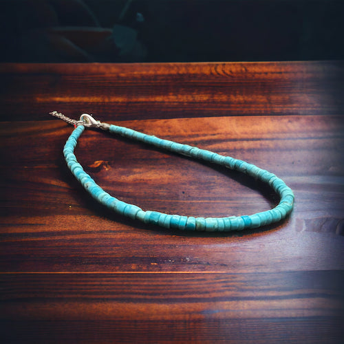 Kingman 4 mm blue Heishi Necklace - 14 inch Choker - Cowhide and Conchos