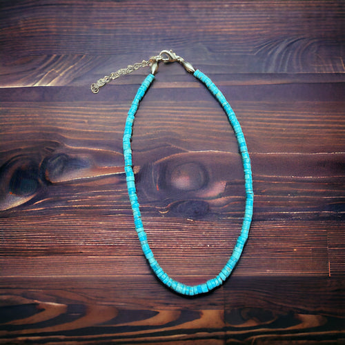 Kingman 4 mm blue Heishi Necklace - 14 inch Choker - Cowhide and Conchos
