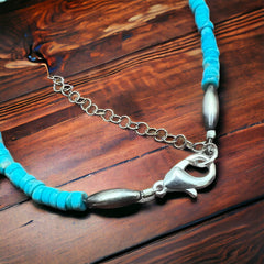Kingman 4 mm blue Heishi Necklace - 14 inch Choker - Cowhide and Conchos