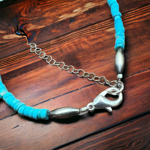 Kingman 4 mm blue Heishi Necklace - 14 inch Choker - Cowhide and Conchos