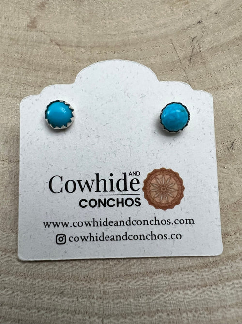 Kingman Turquoise Post Earrings - 4mm rounds - Cowhide and Conchos