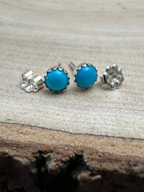 Kingman Turquoise Post Earrings - 4mm rounds - Cowhide and Conchos