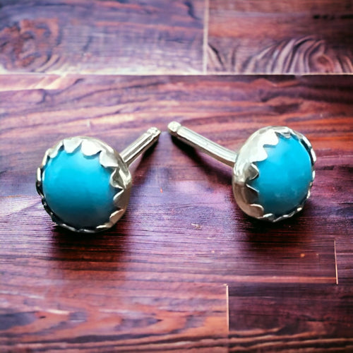 Kingman Turquoise Post Earrings - 4mm rounds - Cowhide and Conchos