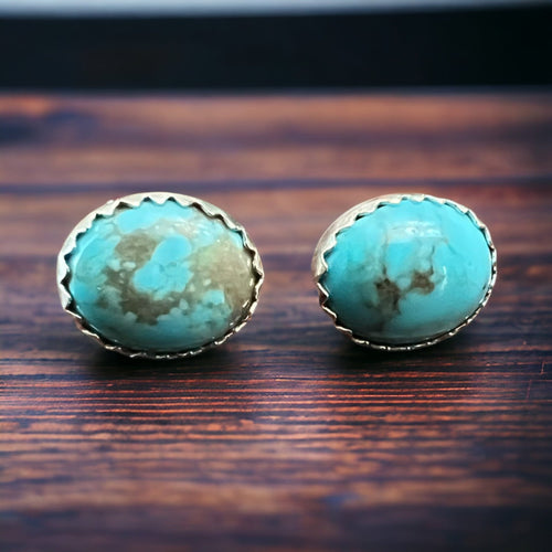 Kingman Turquoise Post Earrings - 6 x 9 mm - Cowhide and Conchos