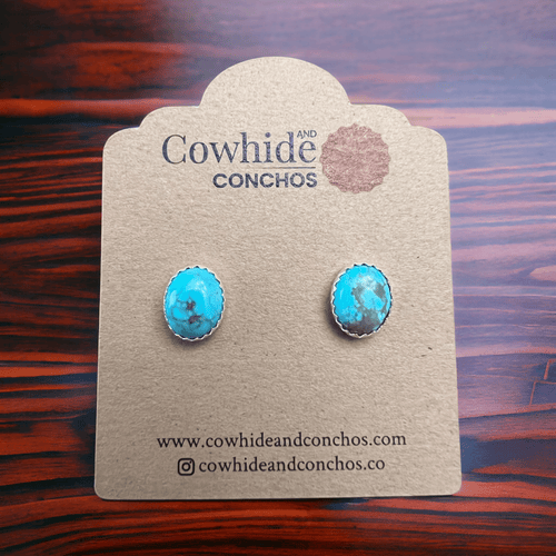 Kingman Turquoise Post Earrings - 6 x 9 mm - Cowhide and Conchos