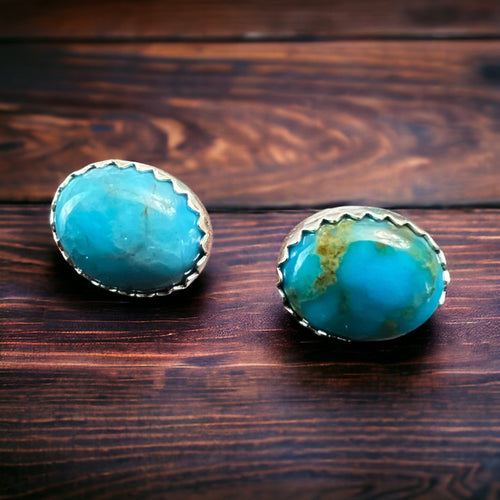 Kingman Turquoise Post Earrings - 6 x 9 mm - Cowhide and Conchos