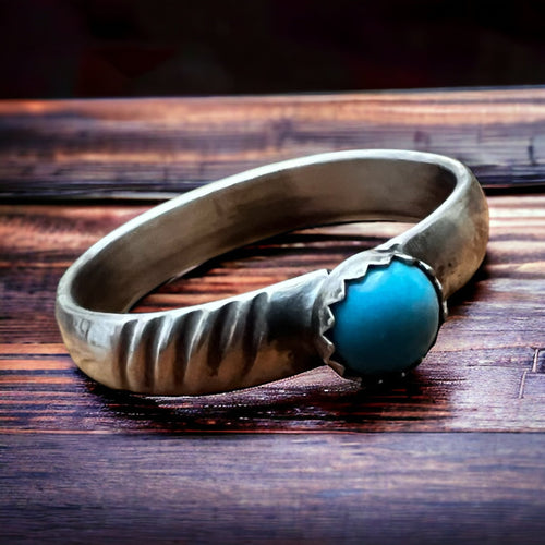 Kingman Turquoise Stacker Ring - Cowhide and Conchos