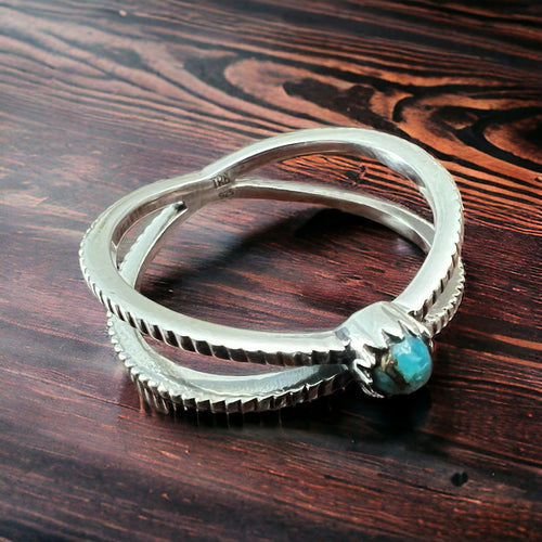 Kingman Turquoise Stacker Ring - Size 8 - Cowhide and Conchos