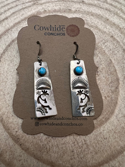 Kokopelli and Turquoise Earrings - Cowhide and Conchos