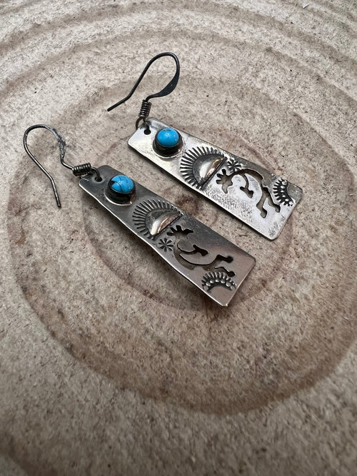 Kokopelli and Turquoise Earrings - Cowhide and Conchos