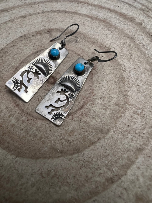 Kokopelli and Turquoise Earrings - Cowhide and Conchos