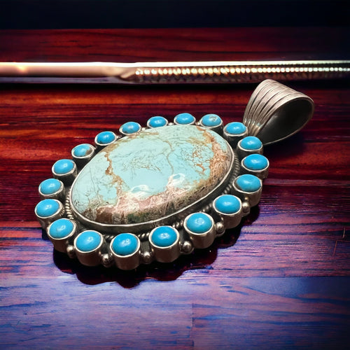 Large Australian and Kingman Turquoise Boarder Pendant - Cowhide and Conchos