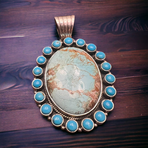 Large Australian and Kingman Turquoise Boarder Pendant - Cowhide and Conchos