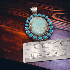 Large Australian and Kingman Turquoise Boarder Pendant - Cowhide and Conchos