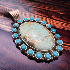 Large Australian and Kingman Turquoise Boarder Pendant - Cowhide and Conchos