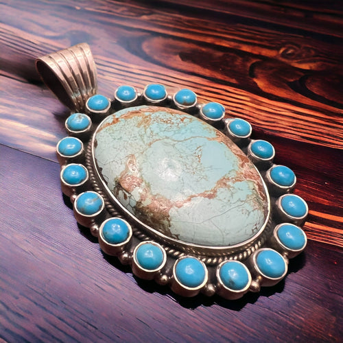 Large Australian and Kingman Turquoise Boarder Pendant - Cowhide and Conchos