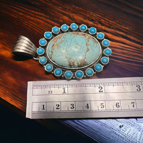 Large Australian and Kingman Turquoise Boarder Pendant - Cowhide and Conchos