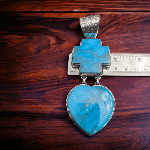 Large Bleeding Heart Turquoise Stone Pendant - Cowhide and Conchos