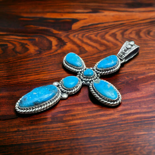 Large Blue Kingman Turquoise Cross Pendant - Cowhide and Conchos