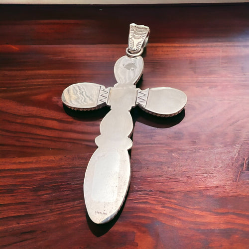 Large Blue Kingman Turquoise Cross Pendant - Cowhide and Conchos