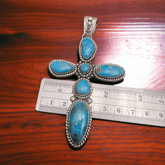 Large Blue Kingman Turquoise Cross Pendant - Cowhide and Conchos