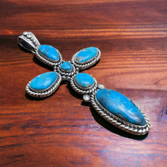 Large Blue Kingman Turquoise Cross Pendant - Cowhide and Conchos