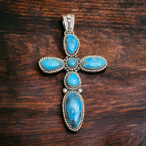 Large Blue Kingman Turquoise Cross Pendant - Cowhide and Conchos