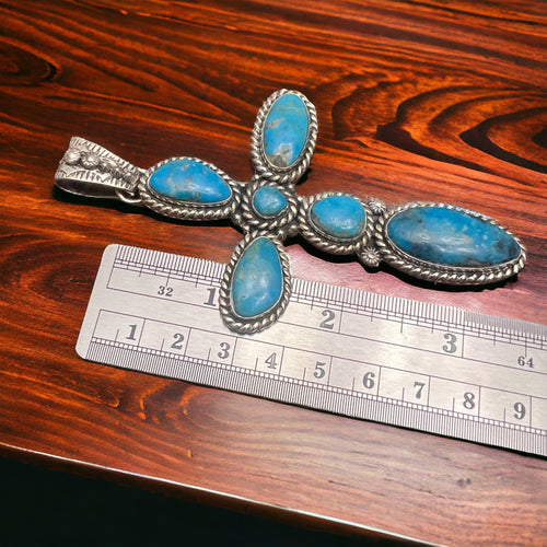 Large Blue Kingman Turquoise Cross Pendant - Cowhide and Conchos