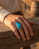 Large Blue Turquoise Cabochon Sterling Silver Statement Ring — Size 7 (1" Wide × 1 1/4" Long) - Cowhide and Conchos