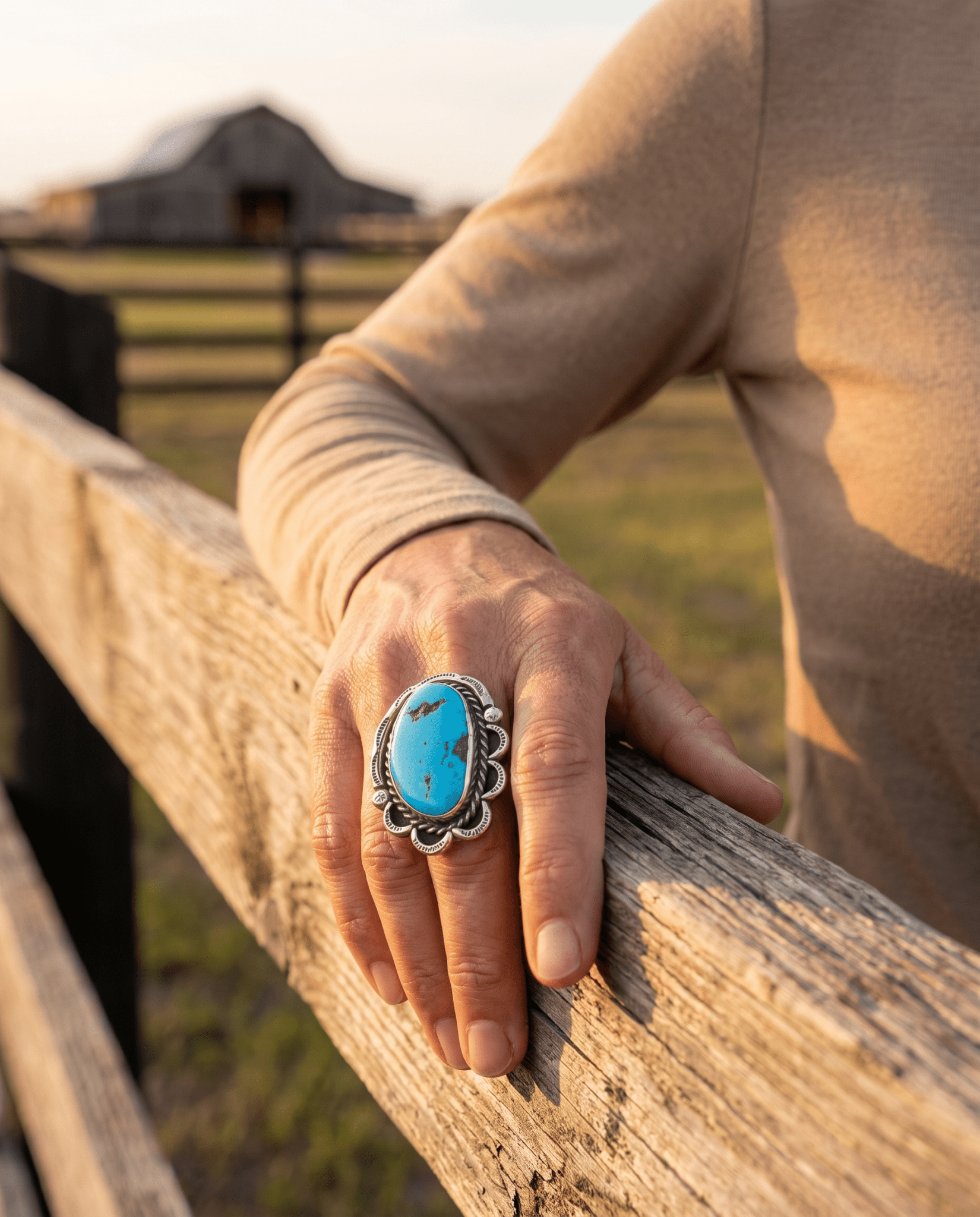 Large Blue Turquoise Cabochon Sterling Silver Statement Ring — Size 7 (1" Wide × 1 1/4" Long) - Cowhide and Conchos