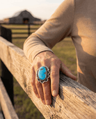 Large Blue Turquoise Cabochon Sterling Silver Statement Ring — Size 7 (1" Wide × 1 1/4" Long) - Cowhide and Conchos