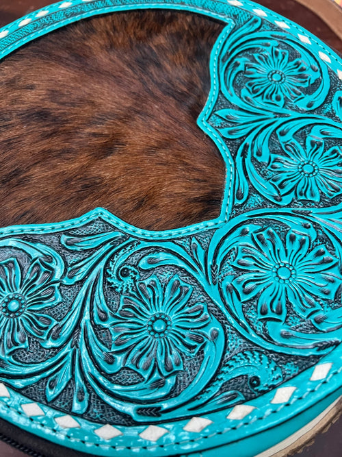 Large Canteen Bag - Turquoise Tooled Leather and Hair on Hide - Cowhide and Conchos
