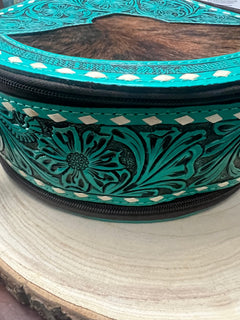 Large Canteen Bag - Turquoise Tooled Leather and Hair on Hide - Cowhide and Conchos