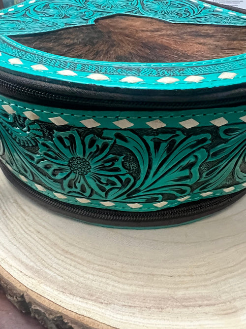 Large Canteen Bag - Turquoise Tooled Leather and Hair on Hide - Cowhide and Conchos